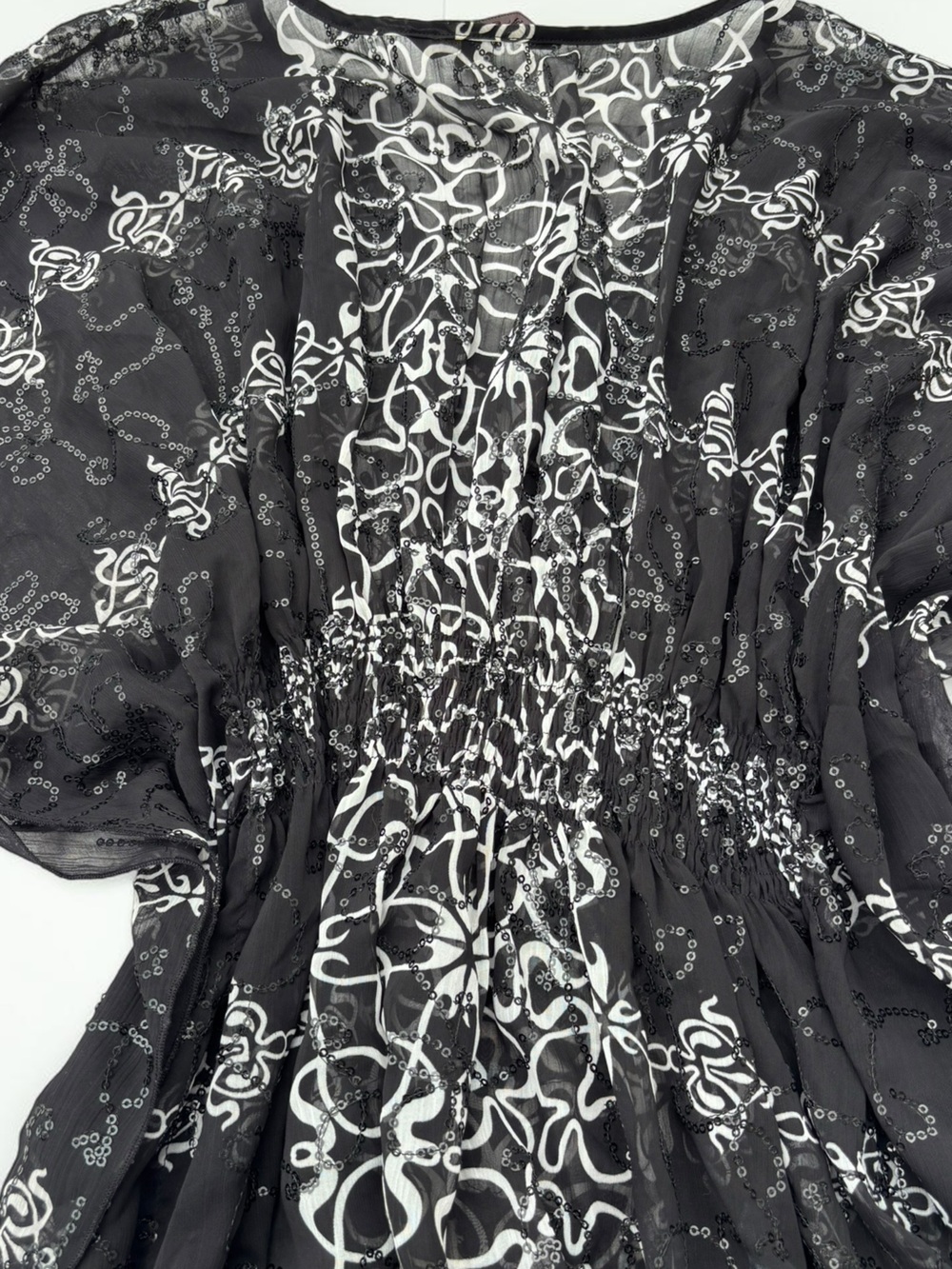 Y2K Black White Sequin Abstract Scroll Tunic Sheer Flutter Sleeve Boho M - Picture 9 of 11